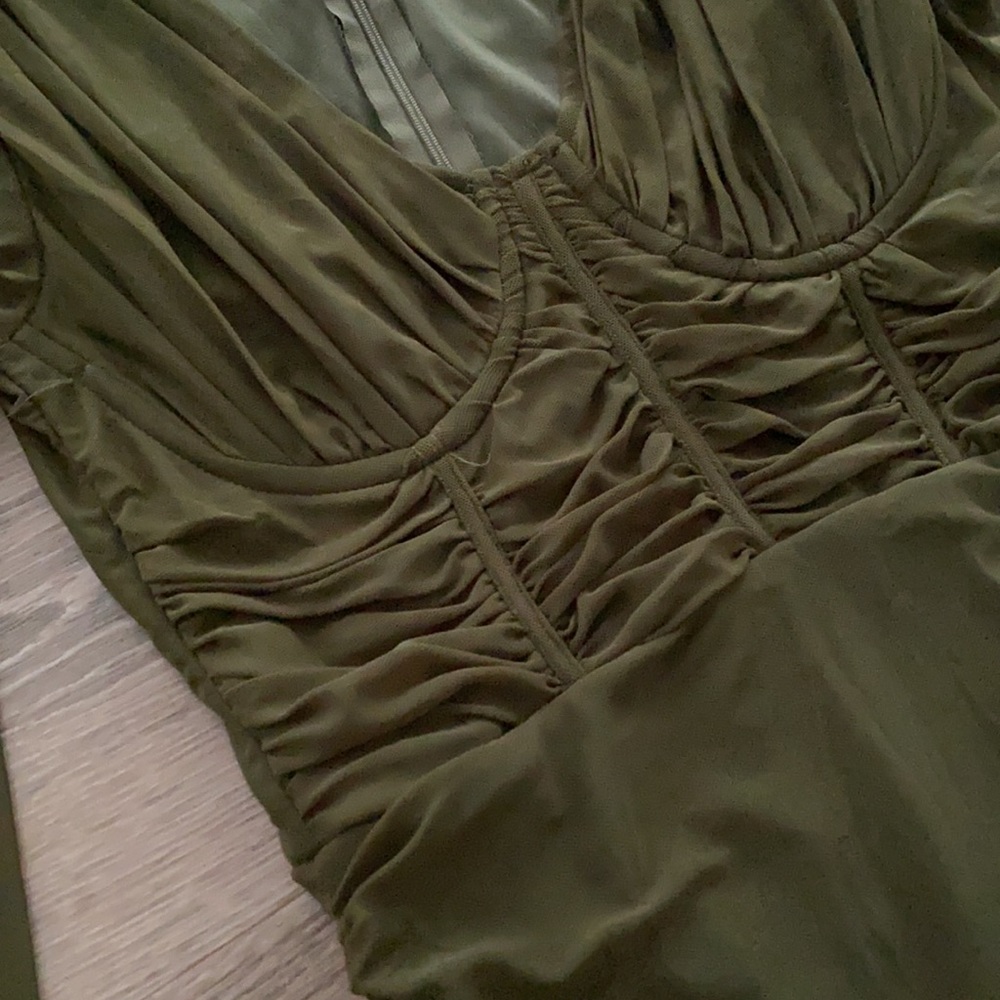PLT Olive mesh ruched corset midi dress with long sleeves